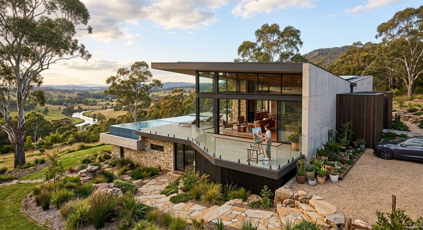 Modern architectural home built by Morano, overlooking a valley landscape